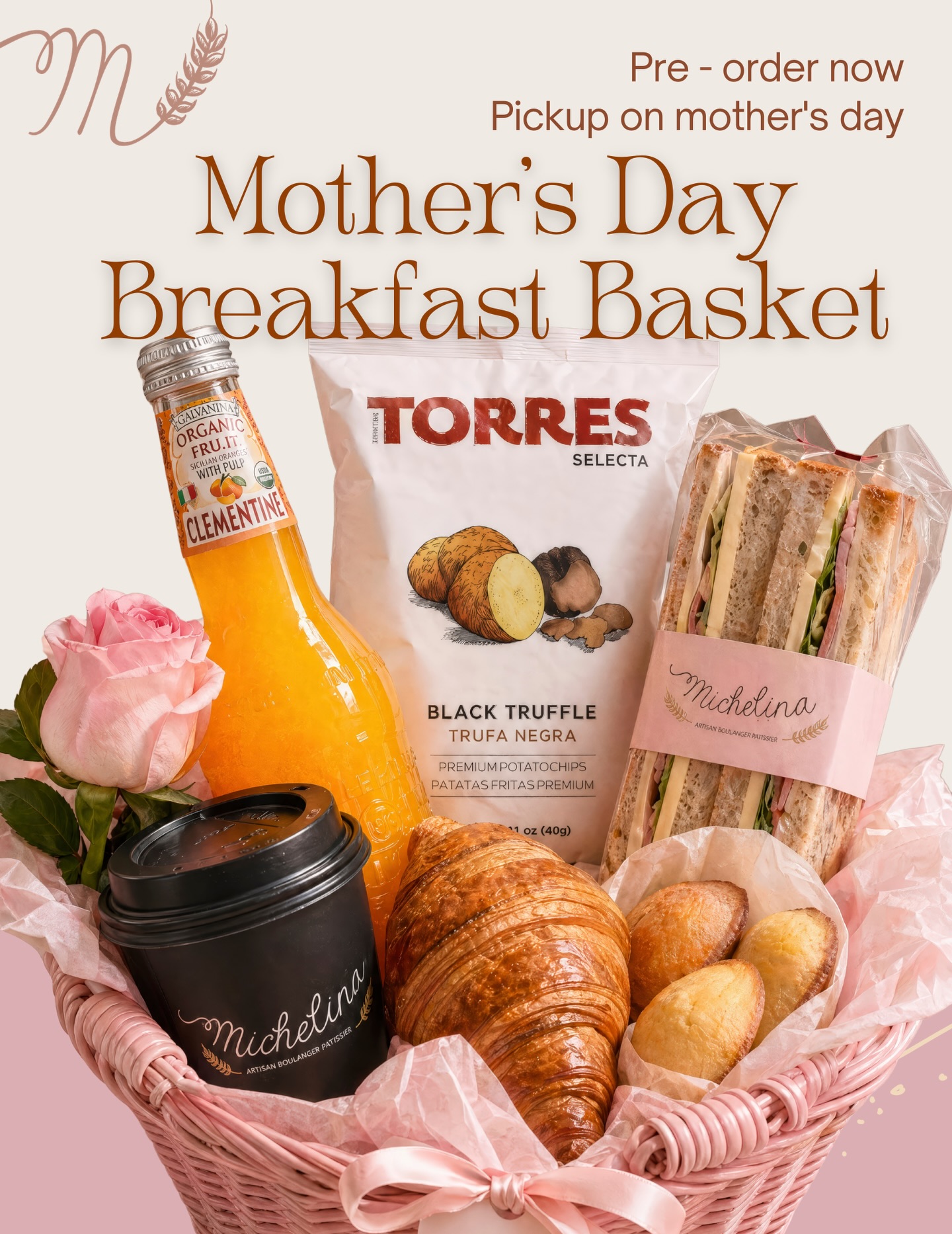 Mother's Day breakfast gift basket with branded packaging.